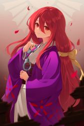 Rule 34 | 1girl, blush, bow, commission, cuffs, hair between eyes, hair bow, handcuffs, highres, holding, japanese clothes, kanpa (campagne 9), kimono, kotohime (touhou), long hair, long sleeves, obi, open mouth, purple kimono, red eyes, red hair, sash, shackles, skeb commission, smile, solo, touhou, touhou (pc-98), white kimono, wide sleeves, yellow bow