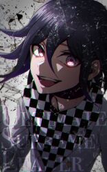 Rule 34 | 1boy, backlighting, blurry, buttons, checkered clothes, checkered scarf, chromatic aberration, danganronpa (series), danganronpa v3: killing harmony, depth of field, english text, flipped hair, glass, hair between eyes, highres, long sleeves, looking at viewer, male focus, oma kokichi, open mouth, purple eyes, purple hair, scarf, short hair, smile, solo, straitjacket, teeth, upper body, zerusu (gelus)