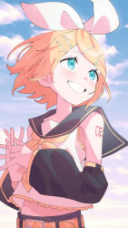 Rule 34 | 1girl, absurdres, aqua eyes, bare shoulders, belt, blonde hair, blue sky, bow, commentary, detached sleeves, frilled shirt, frills, grin, hair bow, hair ornament, hairclip, highres, interlocked fingers, kagamine rin, light blush, looking up, midriff, navel, neckerchief, number tattoo, own hands together, rakkyo ex, sailor collar, sailor shirt, shirt, short hair, shorts, shoulder tattoo, sky, sleeveless, sleeveless shirt, smile, solo, tattoo, vocaloid, white bow, wind, yellow belt, yellow neckerchief