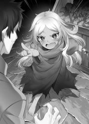 Rule 34 | 1boy, 1girl, blush, breasts, child, cloak, greyscale, long hair, m-da s-tarou, monochrome, open mouth, pointing, pointing at viewer, short hair, small breasts, tanaka the wizard, tearing up