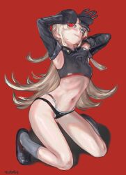 Rule 34 | armpits, arms up, artist name, black footwear, black gloves, black sports bra, blonde hair, blue eyes, breasts, chuunibyou, closed mouth, elazale, eyepatch, eyepatch pull, gloves, glowing, glowing eye, goddess of victory: nikke, grey socks, guillotine (nikke), half gloves, hand on own chest, heterochromia, highres, loafers, long hair, navel, red background, red eyes, shoes, sidelocks, small breasts, socks, sports bra, thighs, thong, wavy hair