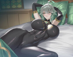 Rule 34 | 1girl, abs, ahoge, alhaitham (genshin impact), arms behind head, arms up, bed, bedroom, black bodysuit, black gloves, blush, bodystocking, bodysuit, breasts, breasts apart, closed mouth, commentary request, covered navel, cuboon, elbow gloves, eyebrows hidden by hair, female focus, full body suit, genderswap, genderswap (mtf), genshin impact, gloves, green eyes, green hair, hair between eyes, heart, heart-shaped pupils, huge breasts, impossible bodysuit, impossible clothes, indoors, large breasts, linea alba, lips, looking at viewer, lying, medium hair, navel, on back, on bed, paid reward available, pillow, skin tight, skin tight suit, solo, symbol-shaped pupils, thick thighs, thighs, toned, toned female, toned stomach, wide hips, window