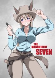 Rule 34 | 1girl, absurdres, animal ears, blouse, blue eyes, blue shirt, blush, breasts, brown pants, cleavage, collarbone, commission, cowboy hat, cowboy western, eila ilmatar juutilainen, fox ears, fox tail, grin, gun, hat, highres, knife, large breasts, long hair, looking at viewer, mirage4000000, pants, pixiv commission, shirt, smile, solo, strike witches, tail, weapon, white hair, world witches series