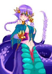 Rule 34 | 1girl, artist request, basilisk (monster girl encyclopedia), breasts, female focus, lamia, mask, monster girl, monster girl encyclopedia, navel, open mouth, purple hair, red eyes, scales, solo, tagme