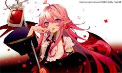 Rule 34 | 1girl, ahoge, bad id, bad pixiv id, black jacket, black nails, blood, blood bag, blush, center frills, earrings, fangs, frills, gradient background, hair between eyes, hair intakes, hand up, jacket, jewelry, long hair, looking at viewer, nail polish, off shoulder, open clothes, open jacket, original, pink hair, pointy ears, prophet chu, puffy short sleeves, puffy sleeves, purple eyes, red background, shirt, short sleeves, sleeves past wrists, solo, tongue, tongue out, upper body, very long hair, watermark, web address, white background, white shirt, wide sleeves