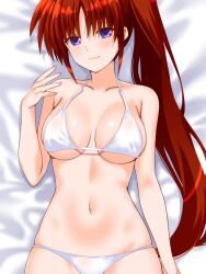 Rule 34 | 1girl, bare shoulders, bikini, blush, breasts, breasts apart, brown hair, collarbone, commentary request, engo (aquawatery), long hair, looking at viewer, lying, lyrical nanoha, mahou shoujo lyrical nanoha strikers, medium breasts, midriff, navel, on back, purple eyes, side ponytail, solo, swimsuit, takamachi nanoha, very long hair