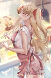 Rule 34 | 1girl, ^ ^, apron, blonde hair, blurry, blurry background, blush, breasts, chiachun0621, chopsticks, closed eyes, commentary, commission, cowboy shot, ereshkigal (fate), eyelashes, fate/grand order, fate (series), frilled shirt, frills, from side, glint, hair between eyes, half updo, hands up, happy, highres, holding, holding chopsticks, indoors, jewelry, kitchen, long hair, medium breasts, open mouth, pink apron, profile, ring, shirt, sideways glance, skeb commission, smile, solo, standing, two side up, very long hair, wedding ring, white shirt