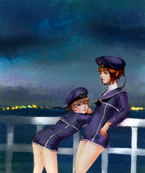 Rule 34 | 10s, 2girls, after the outing, against railing, bad id, bad pixiv id, blue eyes, blurry, brown eyes, brown hair, clothes writing, cowboy shot, depth of field, hat, kantai collection, leaning back, leaning forward, lips, long sleeves, looking at another, looking to the side, multiple girls, neckerchief, night, no pants, nose, outdoors, parted lips, railing, realistic, sailor collar, sailor hat, short hair, smile, z1 leberecht maass (kancolle), z3 max schultz (kancolle)