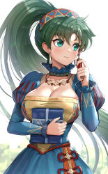 Rule 34 | 1girl, blue dress, breasts, cleavage, collarbone, dress, earrings, fire emblem, fire emblem: the blazing blade, fire emblem heroes, gonzarez, green eyes, green hair, hairband, hand up, highres, holding, jewelry, juliet sleeves, large breasts, long hair, long sleeves, lyn (fire emblem), lyn (valentine) (fire emblem), necklace, nintendo, official alternate costume, ponytail, puffy sleeves, solo, upper body, very long hair