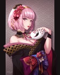 Rule 34 | 1girl, black border, black kimono, border, breasts, choker, cleavage, closed mouth, collarbone, flower, fox mask, grey background, hair flower, hair ornament, hairband, hairpin, highres, holding, holding mask, hololive, hololive english, japanese clothes, kimono, lipstick, looking at viewer, makeup, mask, medium breasts, mori calliope, mori calliope (new year), nail polish, off shoulder, pillarboxed, pink eyes, pink flower, pink hair, ranveld, red lips, red nails, short hair, signature, solo, upper body, virtual youtuber, wrist cuffs, yellow hairband
