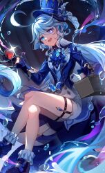 Rule 34 | 1girl, ahoge, ascot, black gloves, blue ascot, blue bow, blue brooch, blue eyes, blue footwear, blue hair, blue hat, blue jacket, blue theme, bow, chinese commentary, commentary request, cup, drinking glass, furina (genshin impact), genshin impact, gloves, hair between eyes, hat, hat bow, heterochromia, highres, holding, holding cup, jacket, long hair, long sleeves, looking at viewer, purple eyes, shorts, shuoruoranxing, smile, solo, sparkle, thigh strap, top hat, water drop, white shorts, wine glass