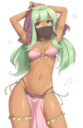 Rule 34 | 1girl, arabian clothes, arms behind head, bandeau, bare shoulders, black panties, breasts, circlet, cowboy shot, dancer, dark-skinned female, dark skin, gold trim, green eyes, green hair, jewelry, long hair, looking at viewer, midriff, mouth veil, narrow waist, navel, o-ring, o-ring top, original, own hands together, panties, pantylines, pelvic curtain, pink bandeau, sasaame, simple background, small breasts, smile, solo, standing, thigh strap, underwear, veil, white background