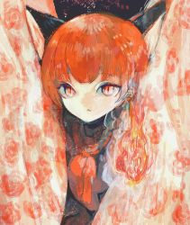 Rule 34 | 1girl, :&lt;, animal ears, bow, braid, cat ears, curtains, extra ears, eyebrows, fire, floral print, hair bow, kaenbyou rin, looking at viewer, neckerchief, necktie, nekomata, one-hour drawing challenge, open mouth, orange hair, red eyes, red hair, slit pupils, solo, touhou, tsukamoto anabone, twin braids, upper body