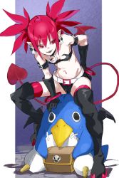Rule 34 | 1girl, arm belt, bare shoulders, belt, between legs, black belt, black choker, black footwear, black gloves, boots, bracelet, breasts, choker, demon tail, demon wings, disgaea, earrings, elbow gloves, etna (disgaea), eyes visible through hair, gloves, groin, hair between eyes, hand between legs, hand on own hip, highres, jewelry, looking away, looking to the side, makai senki disgaea, mini wings, navel, open mouth, pointy ears, pretty-purin720, prinny, red eyes, red hair, red thighhighs, red wings, short hair, short twintails, sitting, skull earrings, small breasts, smile, tail, teeth, thigh boots, thighhighs, tsurime, twintails, white belt, wings