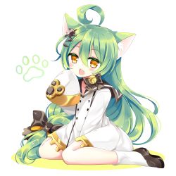 Rule 34 | 1girl, ahoge, akashi (azur lane), animal ear fluff, animal ears, azur lane, bell, black bow, black footwear, black sailor collar, blush, bow, braid, brown eyes, cat ears, chestnut mouth, colored shadow, commentary request, dress, fang, full body, green hair, hair between eyes, hair bow, hair ornament, hand up, jingle bell, loafers, long hair, long sleeves, looking at viewer, open mouth, sailor collar, sailor dress, shadow, shikito (yawa0w0), shoes, sitting, sleeves past fingers, sleeves past wrists, socks, solo, very long hair, wariza, white background, white dress, white socks
