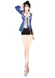 Rule 34 | 1girl, absurdres, atlus, bare legs, black hair, blue eyes, breasts, cleavage, earrings, formal, genei ibunroku #fe, glasses, high heels, highres, jewelry, legs, long legs, miniskirt, mole, necklace, office lady, official art, pencil skirt, ponytail, shimazaki maiko, simple background, skirt, skirt suit, suit, toi8