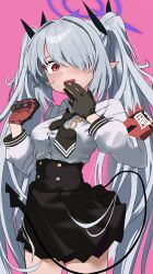 Rule 34 | 1girl, armband, black gloves, black skirt, black tail, blue archive, blush, breasts, buttons, collared shirt, cowboy shot, gloves, grey hair, hair over one eye, halo, highres, iori (blue archive), long hair, long sleeves, looking at viewer, medium breasts, ne42335068jj, open mouth, pink background, pleated skirt, pointy ears, purple halo, red armband, red eyes, red gloves, shirt, simple background, skirt, solo, tears, twintails, white shirt