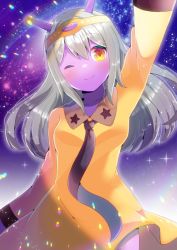 Rule 34 | 1girl, ;), antennae, arm up, black necktie, blush, breasts, brown eyes, closed mouth, collared dress, colored skin, commentary request, dress, grey hair, hair between eyes, indie virtual youtuber, kou hiyoyo, long hair, long sleeves, medium breasts, necktie, one eye closed, purple skin, smile, solo, very long hair, victoria voie lactee, virtual youtuber, yellow dress