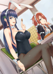 Rule 34 | 10s, 2girls, animal ear hairband, animal ears, apron, arm at side, bad id, bad pixiv id, bare shoulders, between fingers, black choker, black legwear, black leotard, blue eyes, blue hair, blue sky, blunt bangs, board game, breasts, chair, choker, cleavage, clenched teeth, collarbone, day, dutch angle, fake animal ears, fake tail, feet out of frame, folding chair, frills, green eyes, hair ornament, hair over one eye, hairband, hairpin, hand on own cheek, hand on own face, highres, holding, indoors, kugui machi, large breasts, leotard, long hair, looking at viewer, maid, maid headdress, multiple girls, on chair, oonaka ito, pantyhose, playboy bunny, rabbit ear hairband, rabbit ears, rabbit tail, red hair, ryuuou no oshigoto!, shogi, sitting, sky, strapless, strapless leotard, table, tail, teeth, trait connection, tsukiyomizaka ryou, tsurime, very long hair, white apron, white hairband, window, wristband
