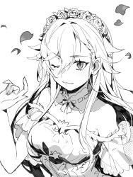 Rule 34 | 1girl, bare shoulders, bow, closed mouth, commentary, detached collar, dress, ellie (housamo), flower, greyscale, hair flower, hair ornament, hand up, head wreath, highres, light smile, long hair, monochrome, nizitaro, off shoulder, official alternate costume, one eye closed, petals, solo, tokyo houkago summoners, upper body, white background