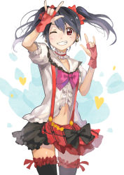 Rule 34 | &gt;:), 10s, 1girl, absurdres, black bow, black hair, bokura wa ima no naka de, bow, bowtie, choker, cowboy shot, double m/, earrings, fingerless gloves, frilled choker, frilled shirt collar, frilled thighhighs, frills, gloves, grin, hair bow, heart, highres, jewelry, looking at viewer, love live!, love live! school idol project, m/, multicolored clothes, multicolored skirt, nico nico nii, one eye closed, pine (yellowpine112), red bow, red bowtie, red gloves, skirt, smile, solo, suspenders, thighhighs, tsukun112, twintails, v-shaped eyebrows, yazawa nico