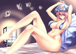 Rule 34 | 1girl, armpits, arms up, bed, blush, bottomless, bra, breasts, bug, butterfly, female focus, hat, bug, kinntarou, lantern, large breasts, legs, navel, pillow, pink hair, red eyes, saigyouji yuyuko, short hair, sitting, solo, thick thighs, thighs, touhou, triangular headpiece, underwear