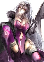 Rule 34 | 1girl, ahoge, armor, armored collar, black cape, breasts, cape, cleavage, closed mouth, clothing cutout, commentary, dress, fate/grand order, fate (series), feather trim, flag, fur trim, garter straps, gauntlets, head tilt, headpiece, highres, jacket, jacket on shoulders, jeanne d&#039;arc (fate), jeanne d&#039;arc alter (avenger) (fate), jeanne d&#039;arc alter (avenger) (third ascension) (fate), jeanne d&#039;arc alter (fate), large breasts, leg armor, leg up, navel, navel cutout, otsunabe (naabe delta), purple dress, silver hair, sitting, solo, thighhighs, thighs, yellow eyes