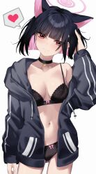 Rule 34 | 1girl, absurdres, animal ears, black bra, black choker, black hair, black jacket, black panties, blue archive, blunt bangs, bob cut, bow, bow panties, bra, breasts, choker, colored inner hair, commentary request, cowboy shot, heart, highres, jacket, kazusa (blue archive), long sleeves, looking at viewer, medium breasts, multicolored hair, navel, open clothes, open jacket, panties, pink hair, red eyes, short hair, single bare shoulder, smile, solo, spoken heart, standing, stomach, thighs, underwear, wakamepiza