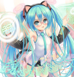 Rule 34 | 1girl, animal ears, aqua eyes, aqua hair, bespectacled, cat ears, cat tail, detached sleeves, glasses, hatsune miku, headset, highres, long hair, necktie, norita, open mouth, outstretched arms, red-framed eyewear, solo, spread arms, tail, twintails, very long hair, vocaloid, lat model (mikumikudance)