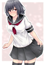 Rule 34 | 1girl, aga marino, bad id, bad pixiv id, black hair, black skirt, black thighhighs, blush, border, breasts, clothes lift, collarbone, commentary request, embarrassed, kantai collection, large breasts, lifting own clothes, looking at viewer, pleated skirt, red eyes, school uniform, serafuku, short hair, skirt, skirt lift, solo, thighhighs, wavy mouth, white border, yamashiro (kancolle), zettai ryouiki
