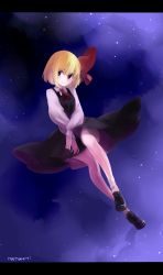 Rule 34 | 1girl, absurdres, ascot, bare legs, black dress, blonde hair, dress, full body, gradient background, hair ribbon, highres, legs, loafers, long sleeves, looking at viewer, namauni, purple eyes, ribbon, rumia, shirt, shoes, signature, sky, smile, solo, star (sky), starry sky, touhou, upskirt, wind, wind lift