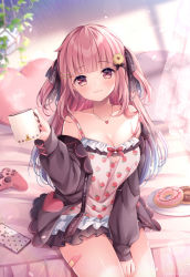 Rule 34 | 1girl, bare shoulders, between legs, black jacket, black nails, blunt bangs, blush, breasts, cellphone, cleavage, closed mouth, collarbone, commentary request, commission, controller, cup, curtains, doughnut, dress, food, food print, frilled dress, frills, game controller, hair ornament, hairclip, hand between legs, heart, heart-shaped pillow, holding, holding cup, jacket, long hair, long sleeves, looking at viewer, medium breasts, mug, nail polish, nemuri nemu, off shoulder, open clothes, open jacket, original, phone, pillow, pink dress, pink hair, plate, print dress, puffy long sleeves, puffy sleeves, red eyes, sleeves past wrists, smile, solo, strawberry print, transparent, two side up, very long hair