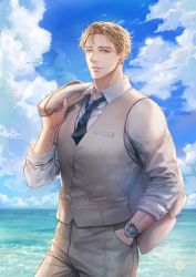 Rule 34 | 1boy, blonde hair, brown jacket, cloud, day, hand in pocket, highres, holding, holding clothes, holding jacket, jacket, looking at viewer, male focus, necktie, ocean, original, outdoors, pants, parted lips, shirt, short hair, sky, solo, ssong-ga, upper body, vest, watch, white shirt, wristwatch, yellow eyes