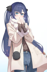 Rule 34 | 1girl, absurdres, alternate costume, bag, blue eyes, blue hair, brown coat, brown shirt, coat, cowboy shot, denim, genshin impact, gradient background, highres, jeans, long sleeves, looking at viewer, mona (genshin impact), open mouth, own hands together, pants, scarf, shirt, shoulder bag, simple background, solo, standing, twintails, white scarf, yuu maraa