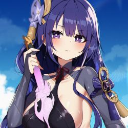 Rule 34 | 1girl, bare shoulders, black one-piece swimsuit, blue sky, blush, braid, breasts, cleavage, close-up, genshin impact, hair ornament, highleg, highleg swimsuit, katana, large breasts, long hair, looking at viewer, low-braided long hair, low-tied long hair, one-piece swimsuit, purple eyes, purple hair, raiden shogun, sky, solo, swimsuit, sword, w.k, weapon, wet