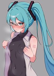 Rule 34 | 1girl, aqua eyes, aqua hair, blush, bodystocking, breasts, closed mouth, commentary request, covered navel, embarrassed, grey background, hair between eyes, hatsune miku, highres, kumada gaon, long hair, looking at viewer, number tattoo, open clothes, open shirt, shirt, simple background, sleeveless, sleeveless shirt, small breasts, solo, sweat, tattoo, twintails, undressing, upper body, very long hair, vocaloid