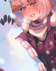 Rule 34 | 1girl, blush, breath, character request, close-up, commentary, copyright request, gloss (hotglossed), gloves, grin, highres, lips, pink hair, purple eyes, scarf, short hair, smile, snowman, solo, winter, winter clothes