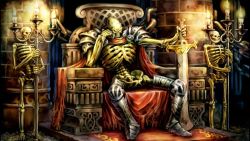 Rule 34 | armor, candle, candlestand, cape, dragon&#039;s crown, official art, pauldrons, shoulder armor, sitting, skeleton, sword, throne, weapon