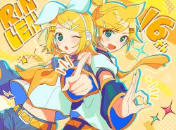 Rule 34 | 1boy, 1girl, :d, :o, absurdres, anniversary, arm warmers, black sailor collar, black shorts, blonde hair, blue eyes, bow, character name, hair bow, hair ornament, hairclip, hand gesture, headphones, headset, highres, kagamine len, kagamine rin, neckerchief, necktie, number hair ornament, open mouth, pointing, pointing at viewer, sailor collar, shirt, short hair, short ponytail, shorts, siblings, smile, sparkle, star (symbol), taro14 tea, twins, vocaloid, white bow, white shirt, yellow background, yellow neckerchief, yellow necktie