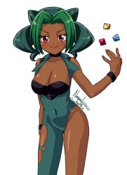 Rule 34 | 1girl, artist name, blush, breasts, choker, cleavage, curvy, dark-skinned female, dark skin, dated, female focus, green hair, large breasts, nanaeljustice, navel, navel visible through clothes, original, red eyes, smile, solo, tight clothes, torn clothes, white background, wristband