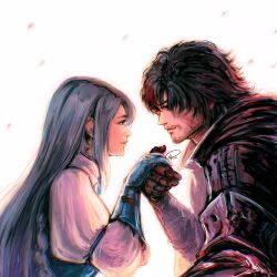 Rule 34 | 1boy, 1girl, armor, beard stubble, black cape, black hair, braid, cape, chinstrap beard, clive rosfield, couple, eye contact, facial hair, final fantasy, final fantasy xvi, highres, holding hands, jill warrick, long hair, looking at another, puffy sleeves, scar, scar on face, short hair, simple background, stubble, tearing up, tears, xriviia
