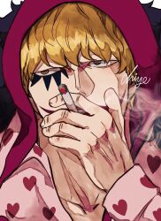Rule 34 | 1boy, black cape, blonde hair, brown eyes, cape, chiyo (@ch falgar), cigarette, close-up, donquixote rocinante, facepaint, fur cape, heart, heart print, highres, holding, holding cigarette, hood, looking to the side, male focus, one piece, signature, smoke, solo, upper body, white background