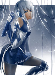 Rule 34 | bare shoulders, blue eyes, boots, detached sleeves, elbow gloves, faceb, facebook, gauntlets, gloves, headphones, looking at viewer, looking to the side, nadia kim, pantyhose, short hair, silver hair, skirt, solo