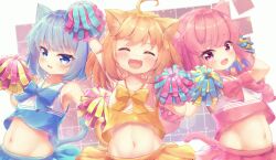 Rule 34 | 3girls, absurdres, animal ears, ao (butterfly cat), bare shoulders, blue bow, blue eyes, blue hair, blue shirt, blue skirt, blush, bow, breasts, butterfly cat, cat ears, cat girl, cat tail, cheerleader, chrocatz, closed eyes, collarbone, commentary request, cropped shirt, facing viewer, highres, hina (butterfly cat), holding, holding pom poms, looking at viewer, midriff, momo (butterfly cat), multiple girls, navel, open mouth, orange bow, orange hair, orange shirt, orange skirt, pink bow, pink eyes, pink hair, pink shirt, pink skirt, pom pom (cheerleading), pom poms, shirt, skirt, sleeveless, sleeveless shirt, small breasts, tail, upper body