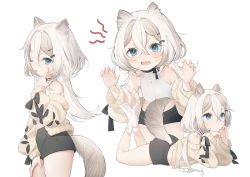 Rule 34 | 1girl, :&lt;, akanbe, animal ear fluff, animal ears, ass, bare shoulders, black shorts, blue eyes, blush, brown jacket, cat ears, closed mouth, clothing cutout, commentary request, crop top, eyelid pull, fang, hair between eyes, hair ornament, hairclip, jacket, legs up, long hair, long sleeves, lying, midriff, multiple views, no shoes, off shoulder, on stomach, open clothes, open jacket, open mouth, original, philomelalilium, puffy long sleeves, puffy sleeves, shirt, short eyebrows, short shorts, shorts, simple background, sleeveless, sleeveless shirt, socks, soles, tail, tail through clothes, thick eyebrows, tongue, tongue out, very long hair, white background, white hair, white shirt, white socks