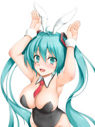 Rule 34 | 1girl, absurdres, ahoge, animal ears, aqua eyes, aqua hair, armpits, arms up, blush, breasts, caramelldansen, collar, covered navel, fake animal ears, hair between eyes, hatsune miku, highres, large breasts, leotard, lips, long hair, looking at viewer, necktie, open mouth, playboy bunny, rabbit ears, rabbit girl, rabbit tail, simple background, solo, tail, toranoo, twintails, very long hair, vocaloid, white background, wrist cuffs