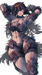 Rule 34 | 1girl, :d, abs, absurdres, arms up, belt, breasts, brown hair, choker, eyepatch, fur trim, headband, highres, large breasts, looking at viewer, muscular, muscular female, navel, open mouth, original, red eyes, revealing clothes, scar, sharp teeth, short hair, signature, smile, solo, teeth, torn clothes, very short hair, white background, zhvo