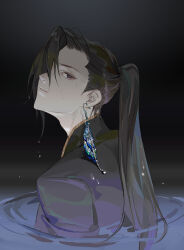 Rule 34 | 1boy, aalili, adam&#039;s apple, black background, black hair, butterfly wings, earrings, from behind, highres, insect wings, jewelry, li chengze, long hair, long sleeves, looking at viewer, looking back, male focus, parted lips, partially submerged, ponytail, profile, purple eyes, qing yunian, solo, upper body, water, wet, wet hair, wing earrings, wings