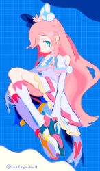 Rule 34 | 1girl, absurdres, ahoge, ascot, blue background, boots, bow, closed mouth, cure prism, dress, elbow gloves, frilled dress, frills, full body, gloves, green eyes, hair bow, highres, hirogaru sky! precure, knee boots, knees up, long hair, looking at viewer, magical girl, nijigaoka mashiro, noniha, pink hair, precure, profile, sitting, sleeveless, sleeveless dress, smile, solo, twitter username, very long hair, white ascot, white bow, white dress, white footwear, white gloves, wing hair ornament