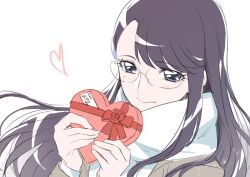 Rule 34 | 1girl, absurdres, blush, candy, chocolate, chocolate heart, coat, food, glasses, hair ornament, hairclip, heart, heartcatch precure!, highres, long hair, looking at viewer, precure, purple hair, rimless eyewear, scarf, smile, solo, tsukikage oyama, tsukikage yuri, upper body, valentine, white background